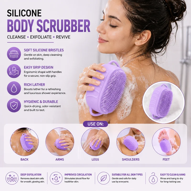 Purple Silicone Body Scrubber – Dual Handle Bath Brush