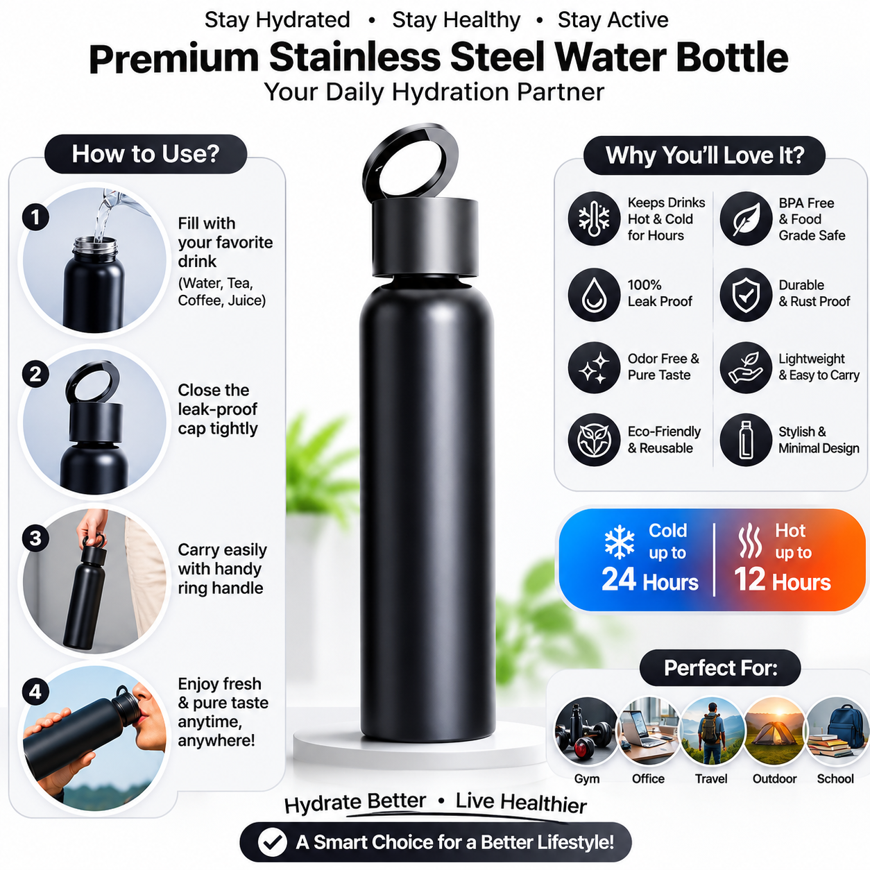 Vacuum Insulated Water Bottle with Holder  Leakproof Thermal Sports Bottle for Travel & Outdoor Use