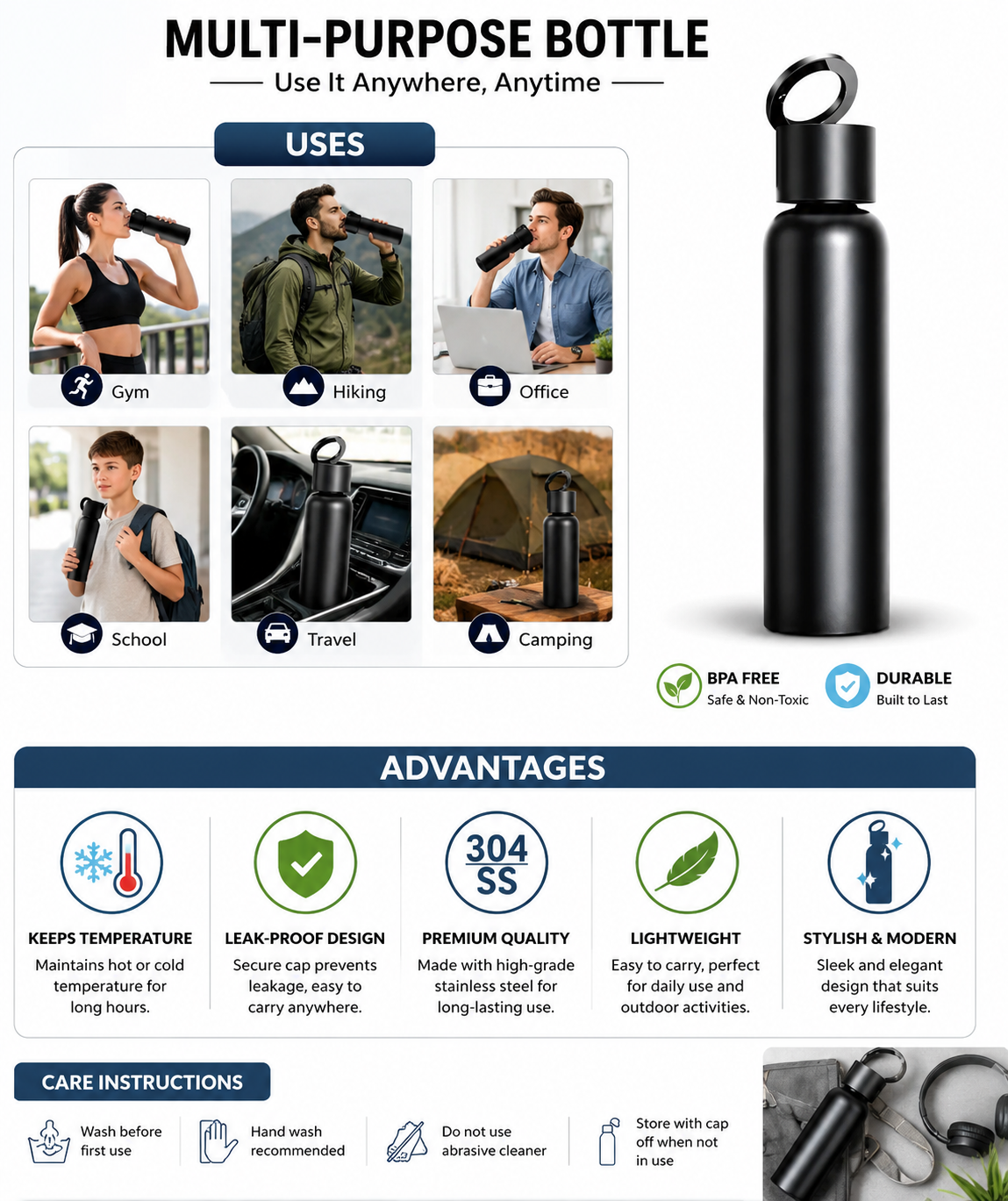 Vacuum Insulated Water Bottle with Holder  Leakproof Thermal Sports Bottle for Travel & Outdoor Use